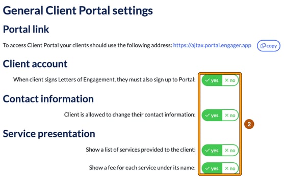 General Client Portal settings showing the portal link and yes or no options for client account, contact information and service presentation, with the toggles highlighted as step 2