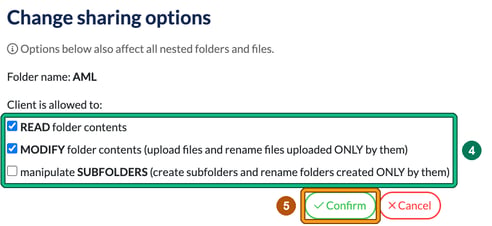 Change sharing options window for the AML folder with READ and MODIFY ticked, highlighting the options as step 4 and the Confirm button as step 5