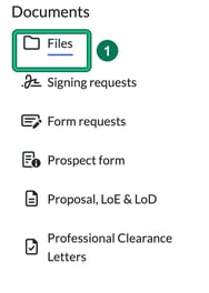 Documents section of the client menu with Files highlighted as step 1