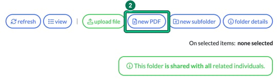 File browser toolbar inside a folder with new PDF highlighted as step 2
