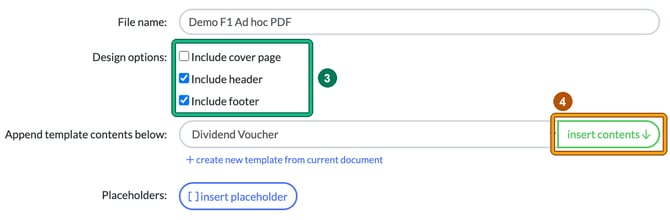New PDF from template with a file name, the Design options for cover page, header and footer highlighted as step 3, and insert contents beside the Dividend Voucher template highlighted as step 4