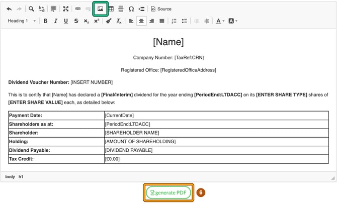 PDF editor with Dividend Voucher content inserted, the Image button highlighted and generate PDF highlighted as step 6