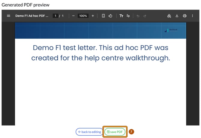Generated PDF preview of a demo letter without a cover page, with download and print icons, and save PDF highlighted as step 7