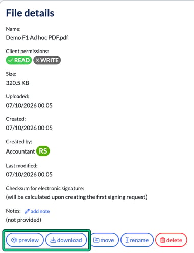File details for the saved PDF with the preview and download buttons highlighted