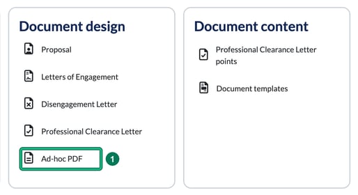 Settings page Document design card with Ad-hoc PDF highlighted as step 1, next to the Document content card