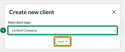 Create new client window with Limited Company chosen as the new client type, highlighted as step 1, and the next button highlighted