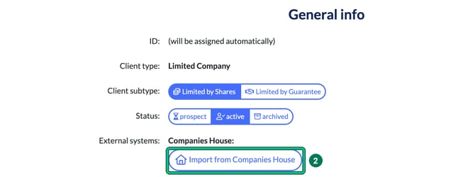 General info step showing client type, client subtype and status, with Import from Companies House highlighted as step 2