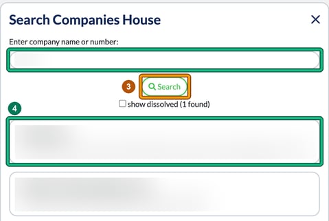 Search Companies House window with the search box and the Search button highlighted as step 3 and the first matching company highlighted as step 4, with the results blurred