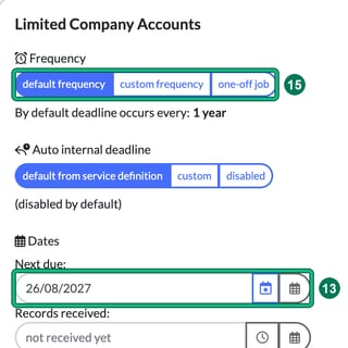 Limited Company Accounts service details with the frequency options highlighted as step 15 and the next due date taken from Companies House highlighted as step 13