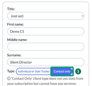 New related individual card for Demo C5 Silent Director with Type set to Contact only highlighted as step 3