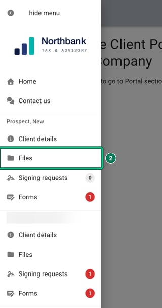 Client Portal side menu on a phone, showing the client's Client details, Files, Signing requests and Forms, with Files highlighted