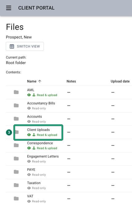 Files page listing the client's folders, with the Client Uploads folder marked Read & upload highlighted
