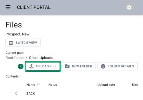 Inside the Client Uploads folder, with the UPLOAD FILE button highlighted