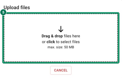 Upload files window with the box to tap to select files highlighted, max. size 50 MB