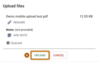 Upload files window listing the chosen file as Queued, with the UPLOAD button highlighted