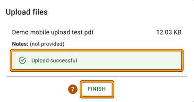 Upload files window with the Upload successful message and the FINISH button highlighted