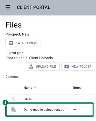 The Client Uploads folder now listing the uploaded PDF, highlighted