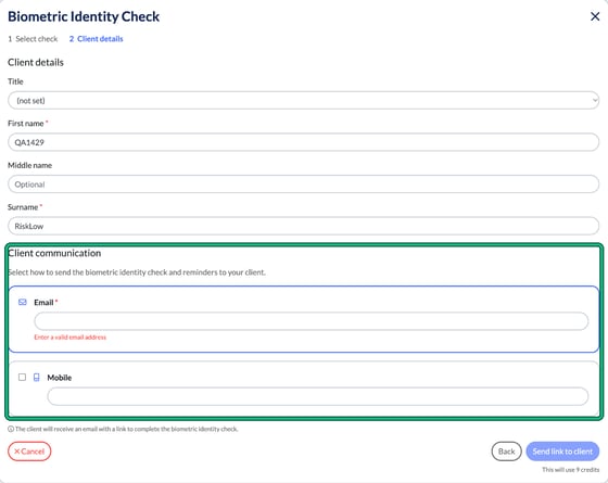 Biometric Identity Check step 2 Client details with the Client communication section highlighted, showing Email and Mobile, and the Send link to client button showing it will use 9 credits