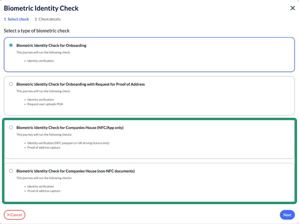 Biometric Identity Check step 1 with the four check types, the two Companies House checks highlighted