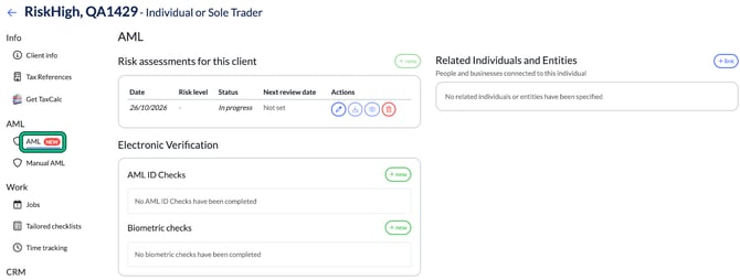Client AML tab with risk assessments, Electronic Verification and Related Individuals and Entities, with the AML menu item highlighted