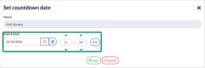 Set countdown date window with the Date and time field highlighted