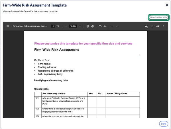 Firm-Wide Risk Assessment Template window with the Download DocX file button highlighted
