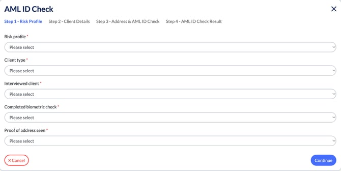 AML ID Check Step 1 - Risk Profile with Risk profile, Client type, Interviewed client, Completed biometric check and Proof of address seen