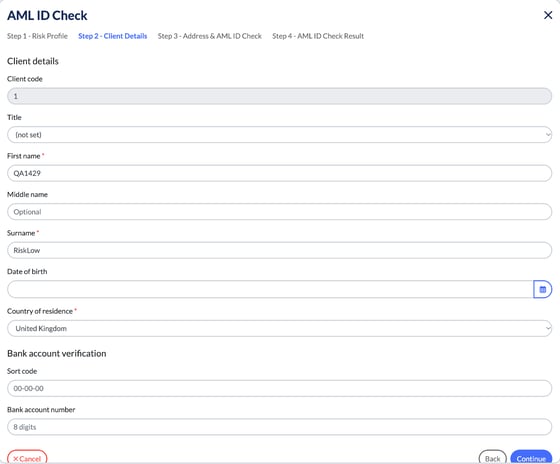 AML ID Check Step 2 - Client Details with name, date of birth, country of residence and bank account verification fields