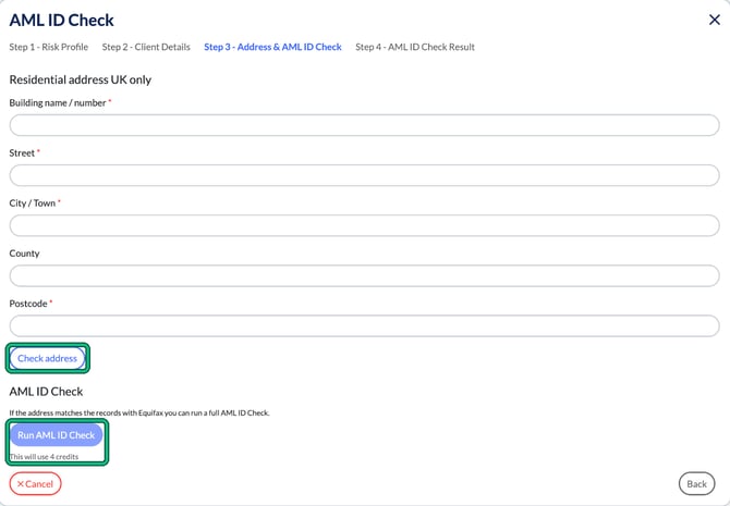 AML ID Check Step 3 with the UK residential address fields, the Check address button highlighted, and the Run AML ID Check button showing it will use 4 credits