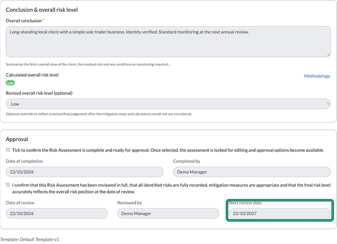 Approved risk assessment showing a Low calculated overall risk level, completion and review details, with the Next review date highlighted