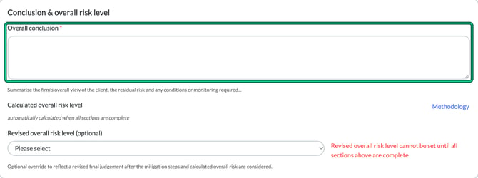 Conclusion and overall risk level section with the Overall conclusion field highlighted, the calculated overall risk level and the optional revised overall risk level