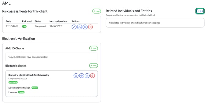 Client AML tab with the + link button next to Related Individuals and Entities highlighted