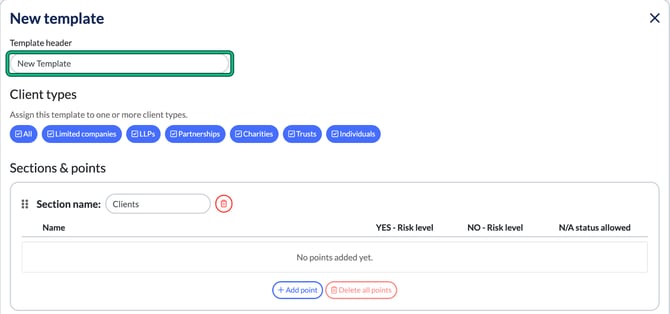 New template form with the Template header field highlighted, Client types and an empty Clients section