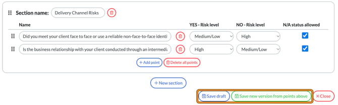 Template editor showing + Add point, Delete all points and + New section, with Save draft and Save new version from points above highlighted