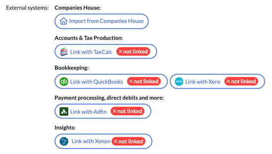 External systems on the client form: Import from Companies House, and Link with TaxCalc, QuickBooks, Xero, Adfin and Xenon, each marked not linked