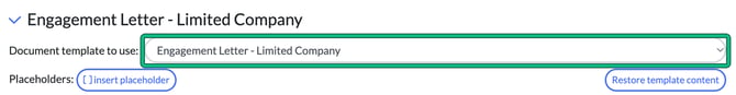 Customise document with the Engagement Letter section expanded and the Document template to use dropdown highlighted