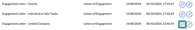 Document templates list with the duplicate button highlighted on Engagement Letter - Limited Company