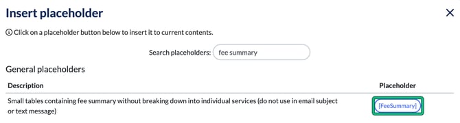 Insert placeholder window filtered on fee summary, with the FeeSummary placeholder highlighted