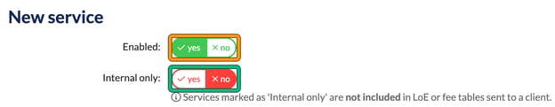 Top of the New service form with Enabled set to yes and Internal only set to no, both highlighted