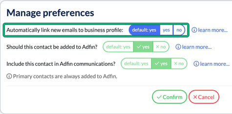 Manage preferences window for a business contact with the Automatically link new emails to business profile option highlighted