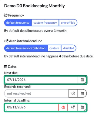 Service details for a monthly bookkeeping service using the default frequency and default internal deadline, with Next due 07/11/2026 and Internal deadline 03/11/2026 highlighted