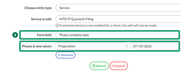Bulk editing window with form field Phase complete date highlighted as step 3 and a phase with a completion date of 07/10/2026 highlighted