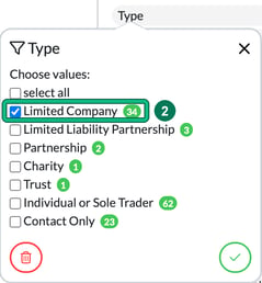 Type filter with Limited Company ticked and highlighted as step 2, above the green tick button