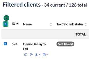 Filtered clients list showing 34 current clients, with the select-all checkbox in the table header ticked and highlighted as step 3