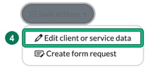 Bulk actions menu with Edit client or service data highlighted as step 4
