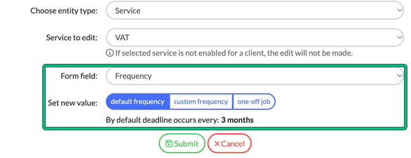 Bulk editing for the VAT service with Form field Frequency set to default frequency, deadline every 3 months, highlighted