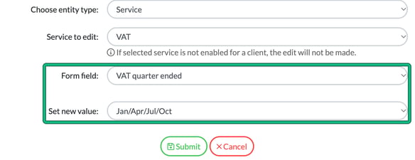 Bulk editing for the VAT service with Form field VAT quarter ended and Set new value Jan/Apr/Jul/Oct highlighted