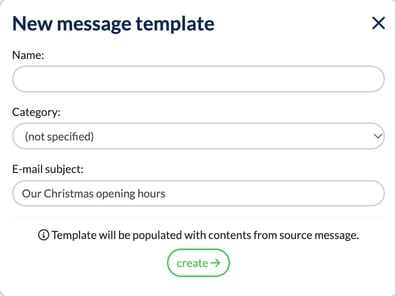 New message template window with the Name, Category and E-mail subject fields and the create button