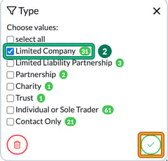 Type filter with only Limited Company ticked and highlighted as step 2, and the green tick button to apply the filter highlighted