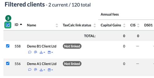 Filtered clients list of two Demo limited companies, with the select-all checkbox next to ID ticked and highlighted as step 3
